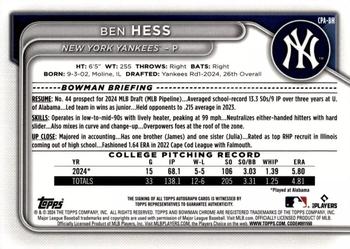 Ben Hess 2024 Bowman Draft Chrome Prospect Autographs Auto #CPA-BH Yankees - Bild 2 von 2