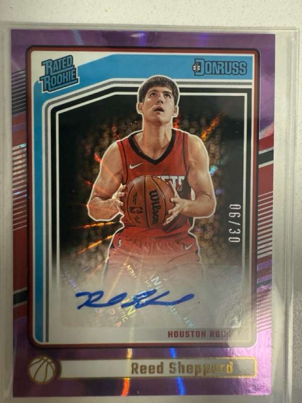 #251 2024-25 Donruss Reed Sheppard Rookie Pink Laser Auto Rockets 6/30