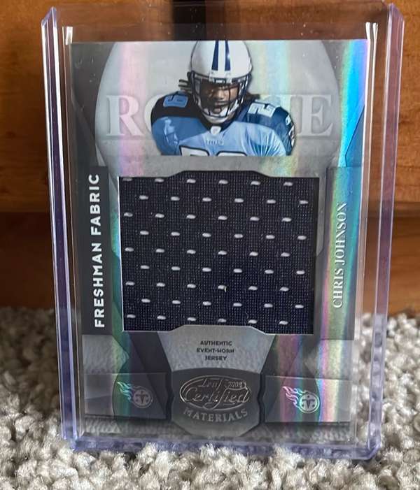CHRIS JOHNSON 2008 LEAF CERTIFIED MATERIALS FRESHMAN FABRIC JERSEY /599  Titans